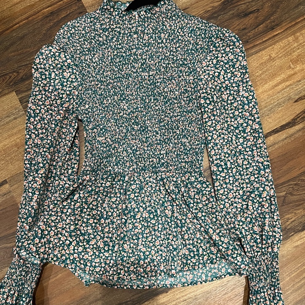 Elegant Floral Smocked Blouse in Green and Pink